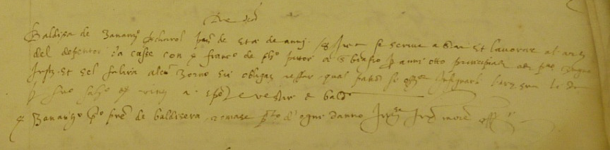 Fig. 1. A typical contract of the “Accordi dei Garzoni”: “The same day [23rd June 1575] / Baldisera de Zuanantonio boatman, aged about 8 years, declares he has been welcomed by his master and he will work as painter of chests with master Francesco de Philippo painter in san Biagio, for the following 8 years, starting from the 1st June [1575] ; and if he lacks one working day, he must catch it up on ; his master commits himself to teach his craft to him and promises to pay 20 ducats, for his salary, and his expenses. / Mister Zuanantonio, his father, commits himself to repay for any damage […] »2.
