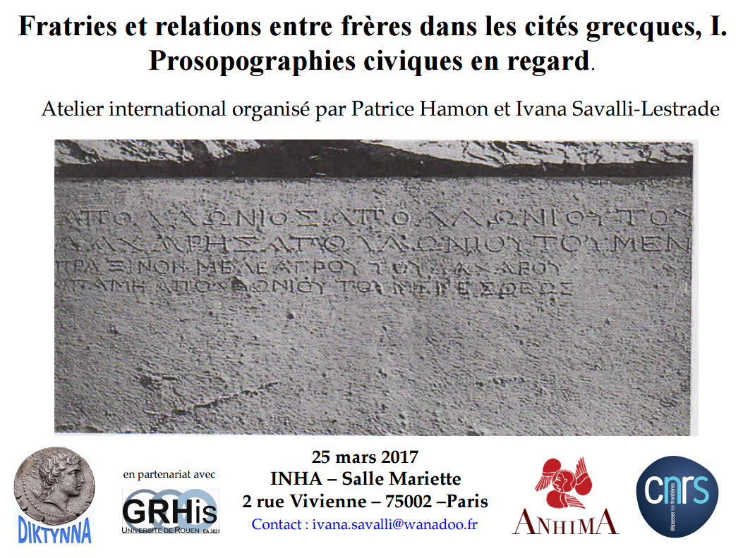 Fratries et relations entre frères dans les cités grecques, I. Prosopographies civiques en regard